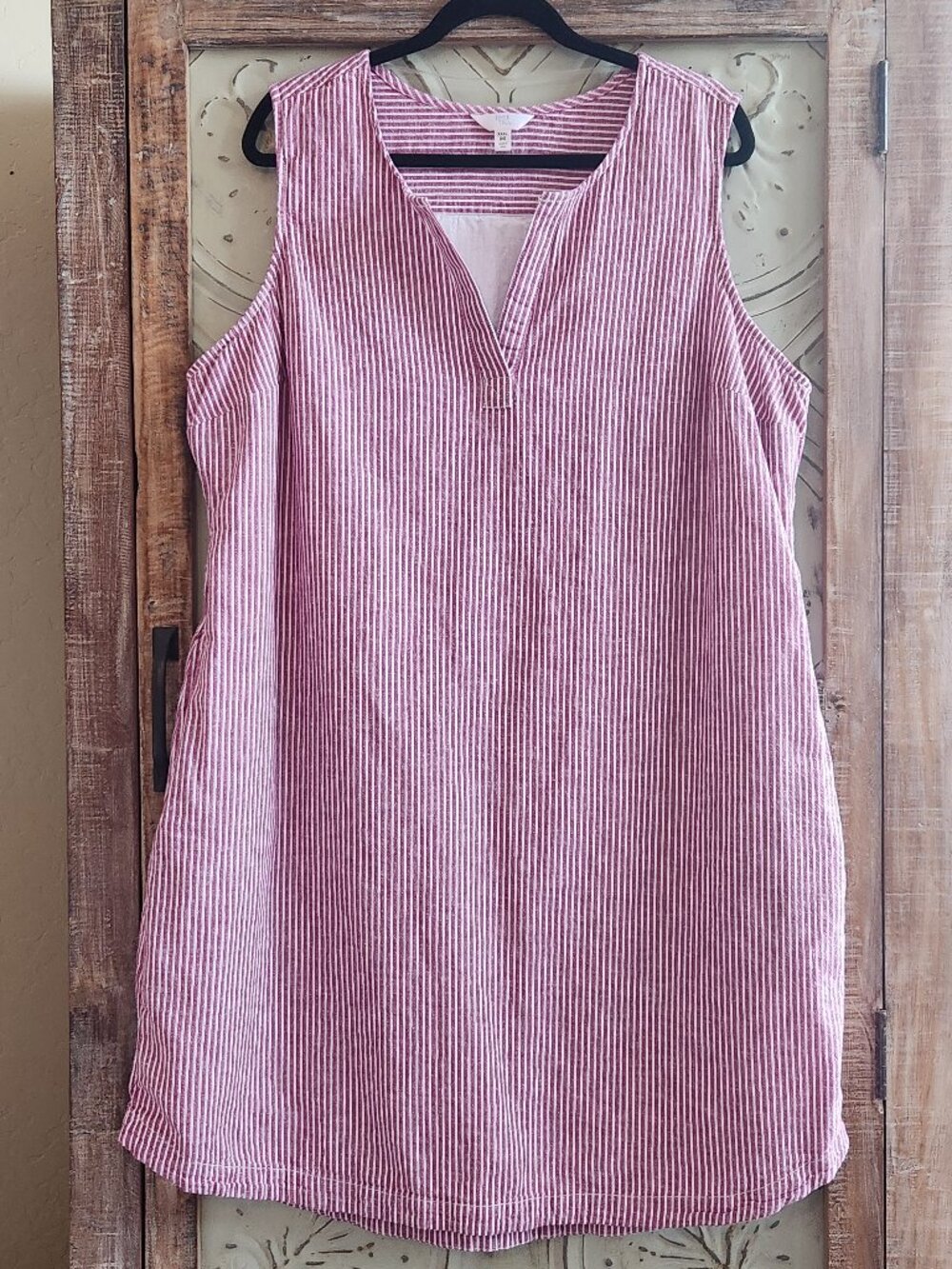Time & Tru Red Pinstripe Linen/Cotton Blend Sleeveless Shift Dress | 3XL